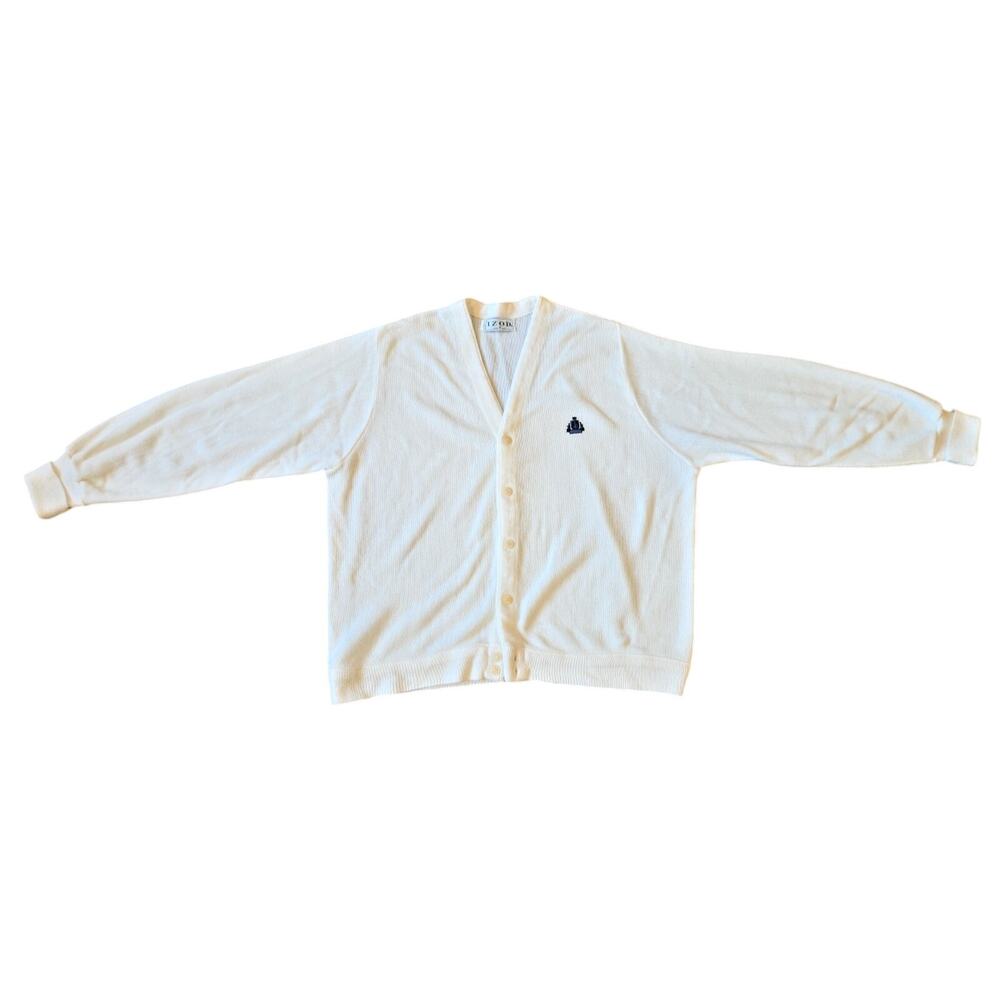 VTG 70s IZOD Ivory Grandpa Style Cardigan Sweater Adult M USA Made Embroidered